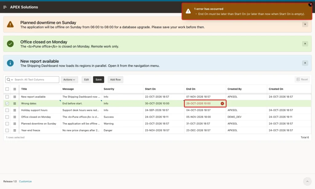 Manage Announcements grid with an error notification and the End On cell of the new row marked with a red box