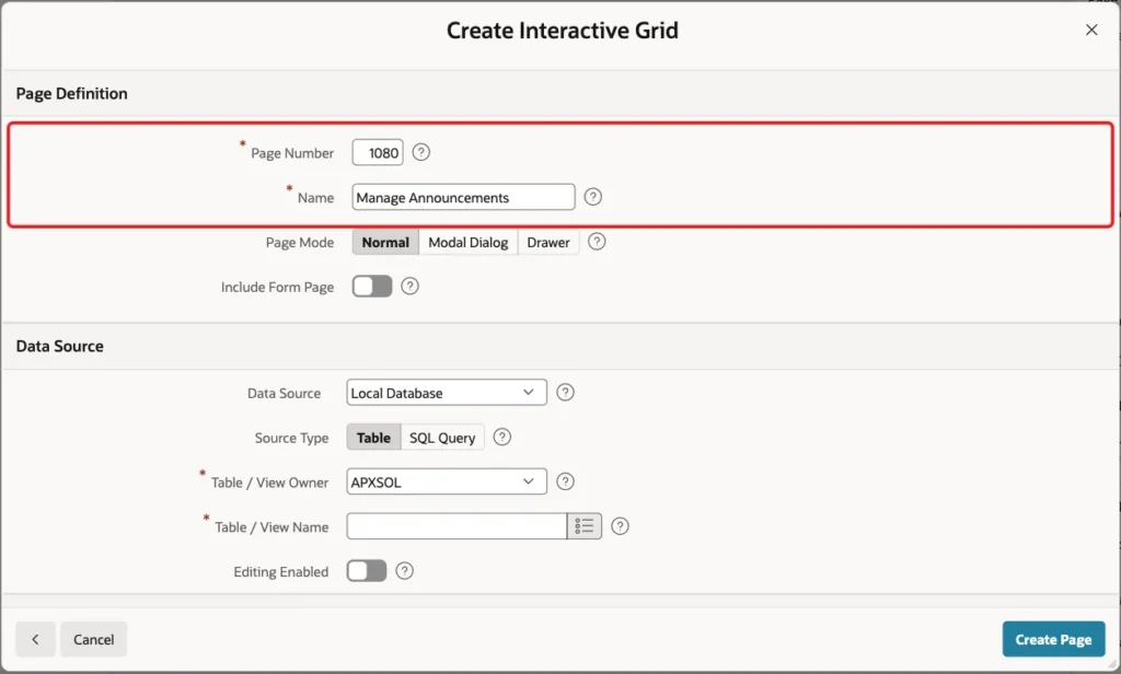 Create Interactive Grid wizard with Page Number 1080 and Name Manage Announcements marked with a red box