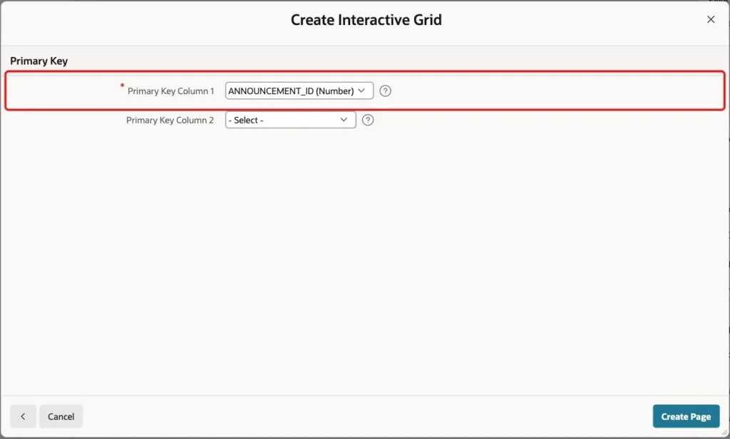 Primary Key screen with Primary Key Column 1 ANNOUNCEMENT_ID marked with a red box