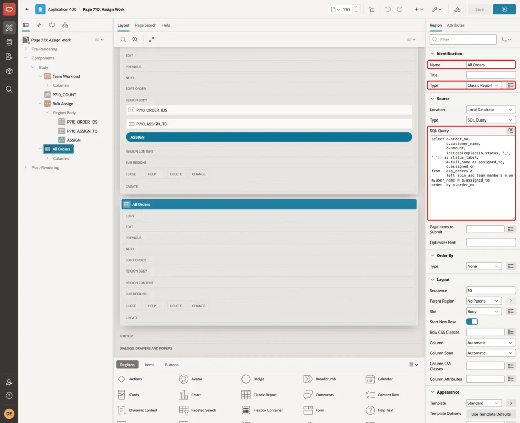 Region All Orders with Name, Type Classic Report and the SQL Query marked with red boxes