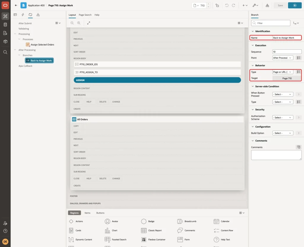 Branch Back to Assign Work with Name, Type Page or URL Redirect and Target Page 710 marked with red boxes