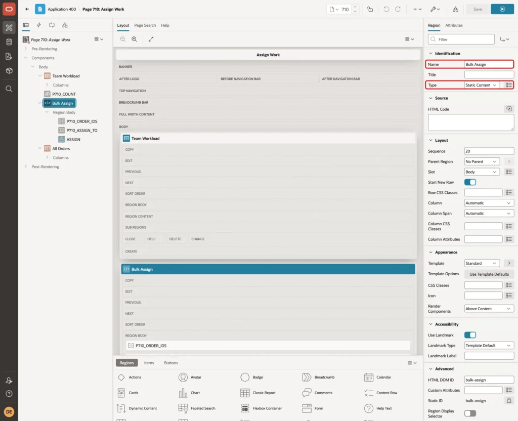 Region Bulk Assign with Name and Type Static Content marked with red boxes