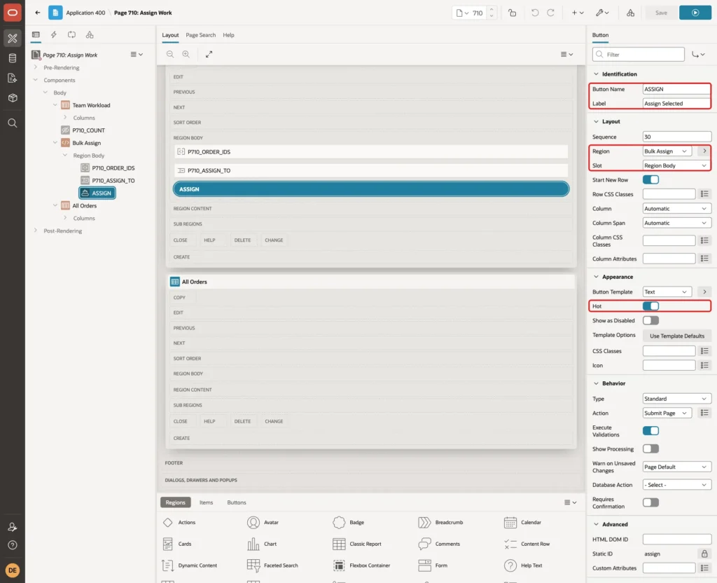 Button ASSIGN with Button Name, Label Assign Selected, Region Bulk Assign, Slot Region Body and Hot marked with red boxes