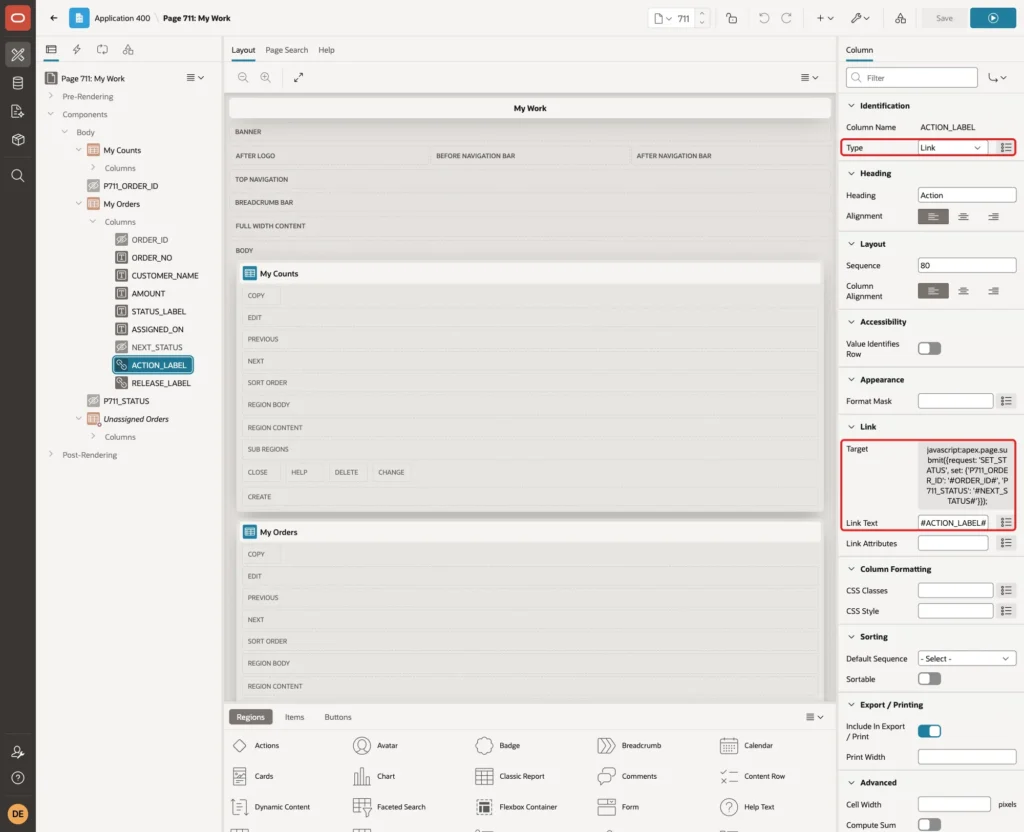 Column ACTION_LABEL with Type Link, the Target and Link Text ACTION_LABEL marked with red boxes