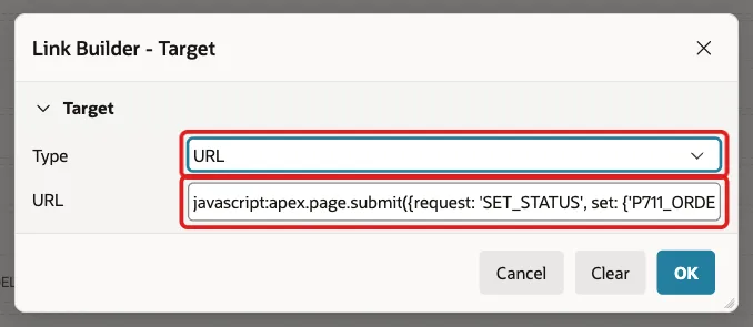 Link Builder Target dialog with Type URL and the javascript URL marked with red boxes