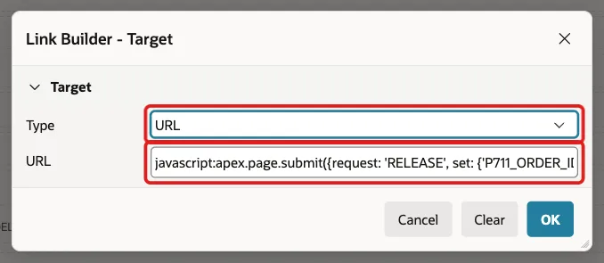Link Builder Target dialog of RELEASE_LABEL with Type URL and the javascript URL marked with red boxes