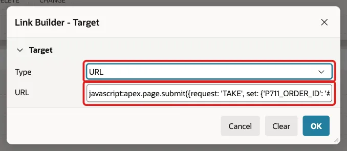 Link Builder Target dialog of TAKE_LABEL with Type URL and the javascript URL marked with red boxes