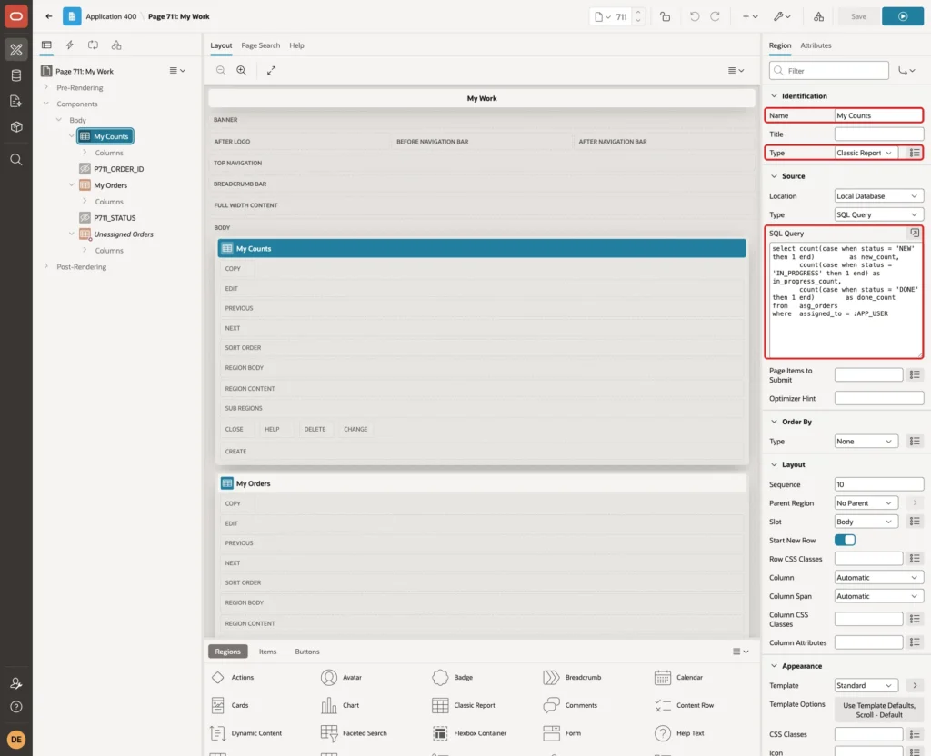 Region My Counts with Name, Type Classic Report and the SQL Query marked with red boxes