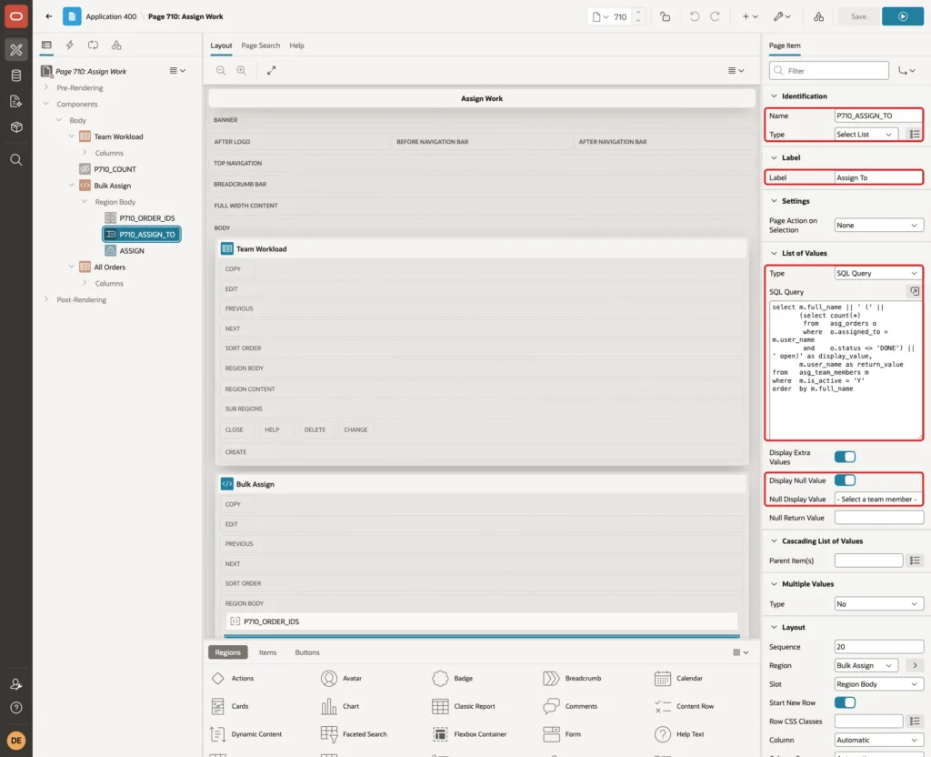 Page item P710_ASSIGN_TO with Type Select List, Label Assign To, LOV Type SQL Query, the query, Display Null Value and Null Display Value marked with red boxes
