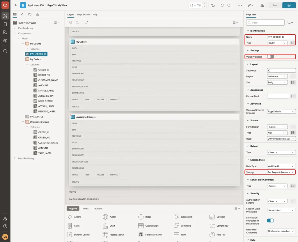 Page item P711_ORDER_ID with Name, Type Hidden, Value Protected off and Storage Per Request Memory Only marked with red boxes