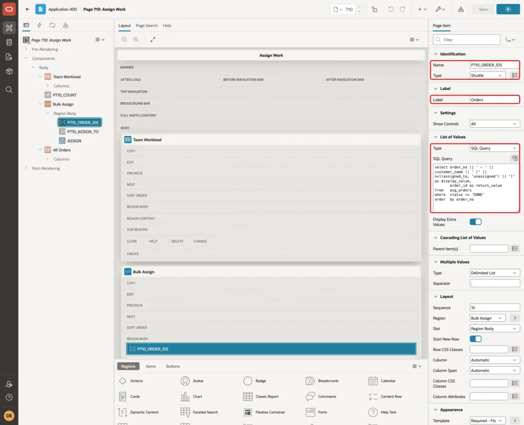 Page item P710_ORDER_IDS with Name, Type Shuttle, Label Orders, LOV Type SQL Query and the query marked with red boxes