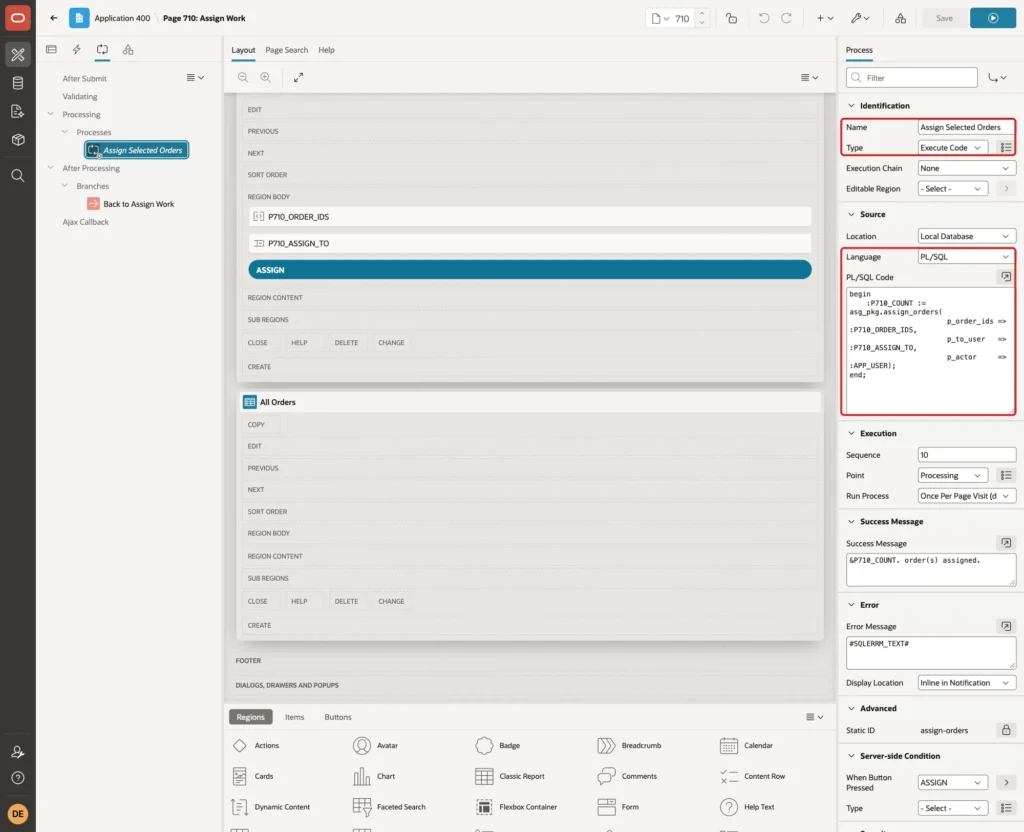 Process Assign Selected Orders with Name, Type Execute Code, Language PL/SQL and the PL/SQL Code marked with red boxes