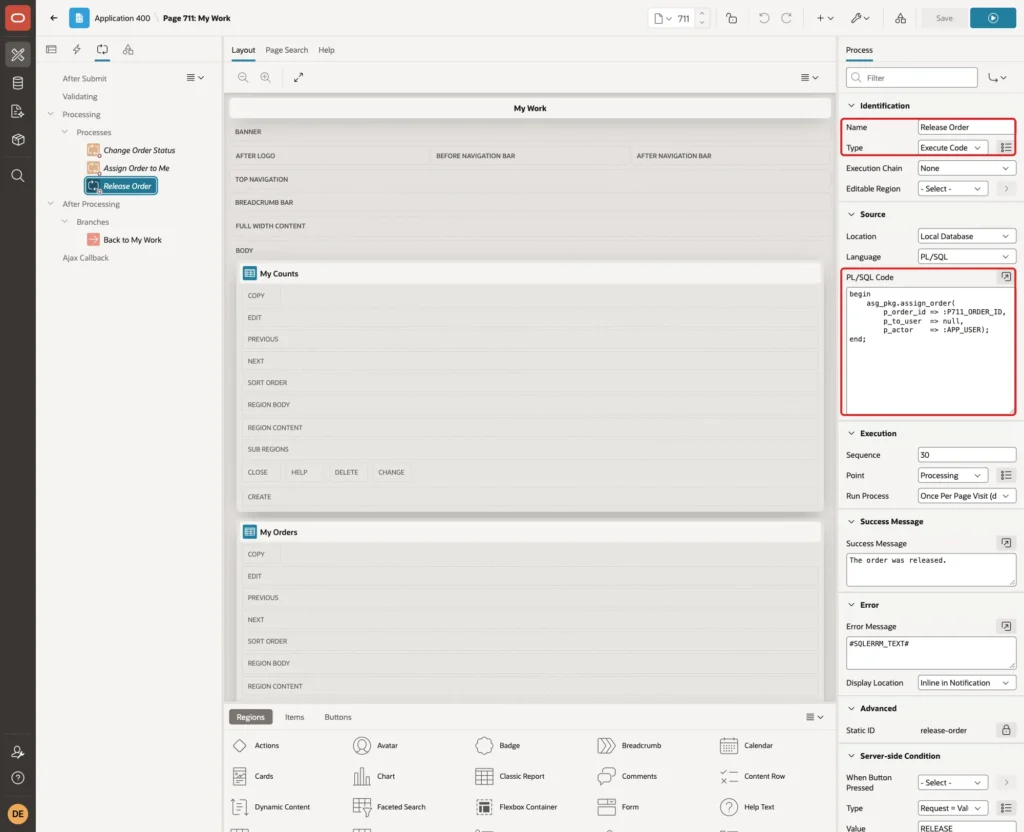Process Release Order with Name, Type Execute Code and the PL/SQL Code marked with red boxes