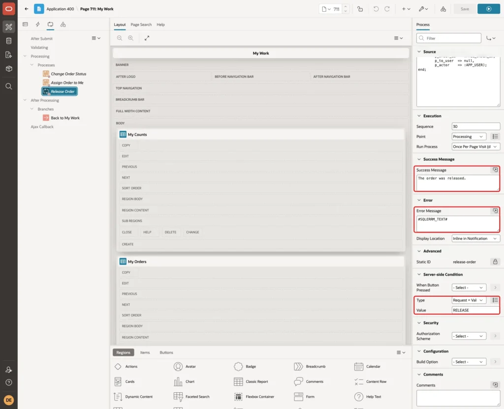 Process Release Order with Success Message, Error Message and Server-side Condition Request = Value RELEASE marked with red boxes