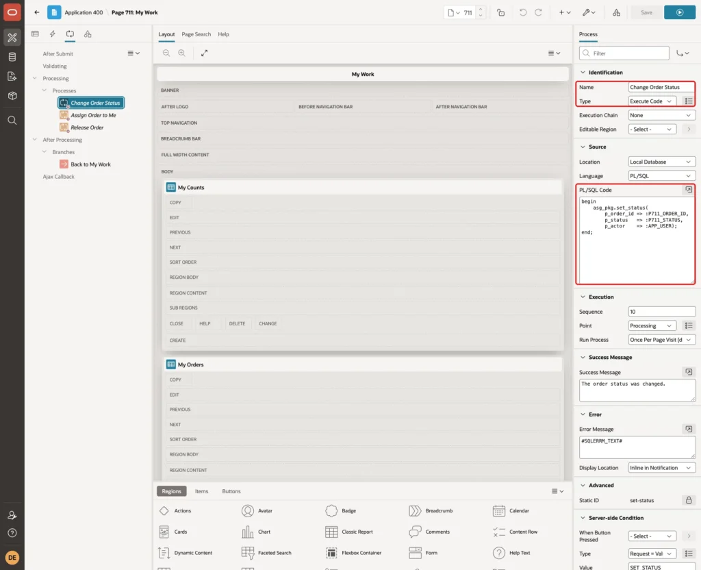Process Change Order Status with Name, Type Execute Code and the PL/SQL Code marked with red boxes