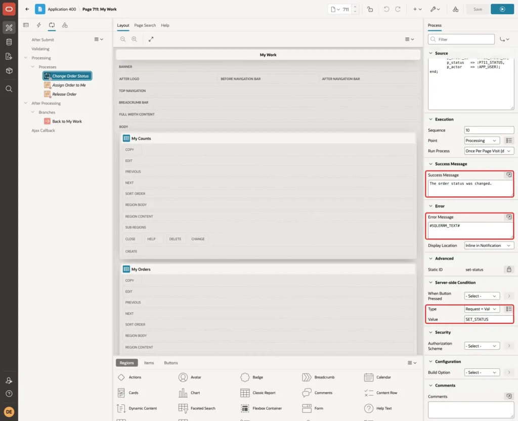 Process Change Order Status with Success Message, Error Message and Server-side Condition Request = Value SET_STATUS marked with red boxes