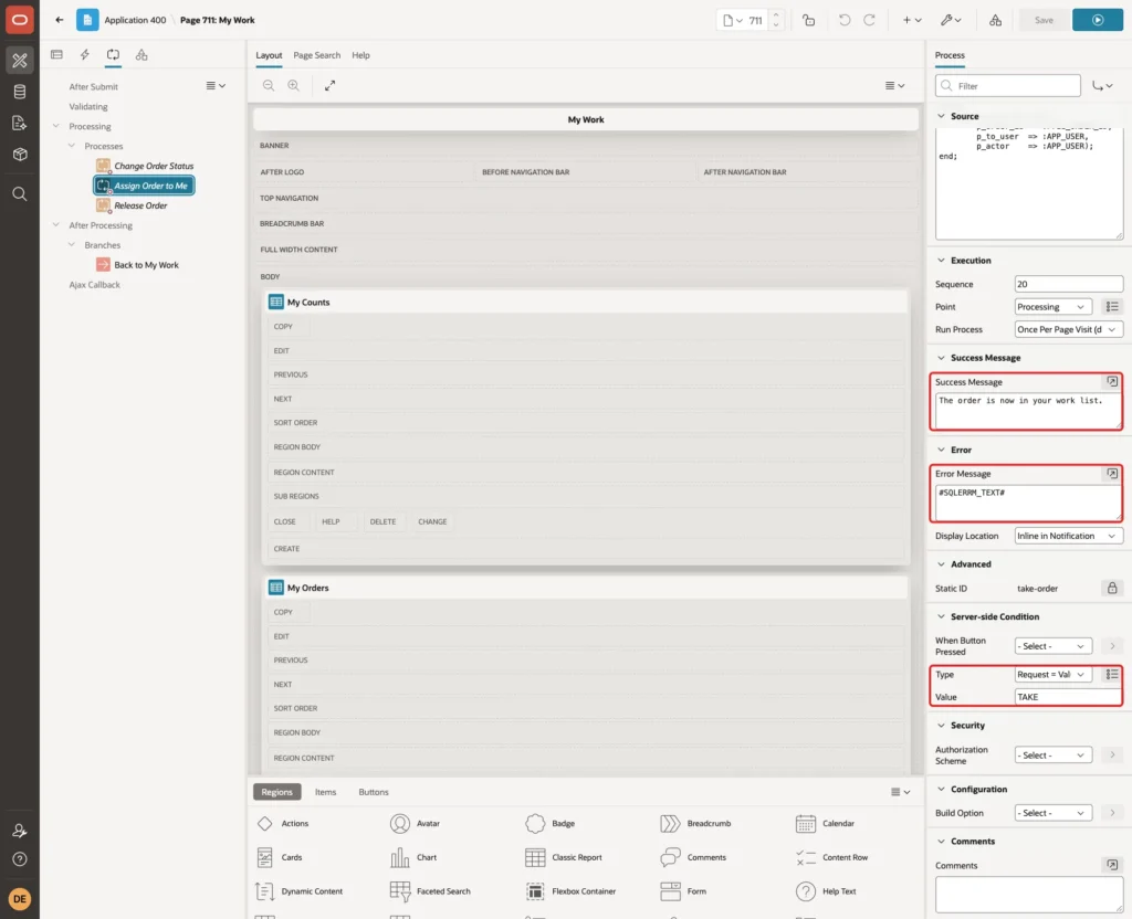 Process Assign Order to Me with Success Message, Error Message and Server-side Condition Request = Value TAKE marked with red boxes