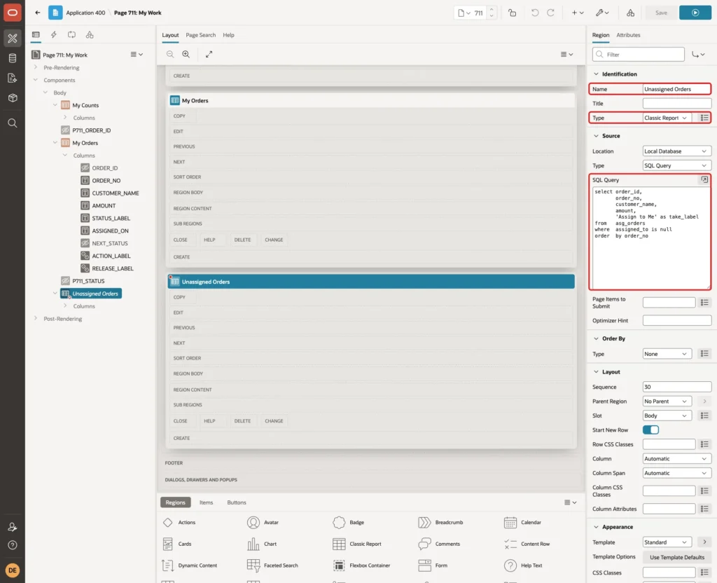 Region Unassigned Orders with Name, Type Classic Report and the SQL Query marked with red boxes