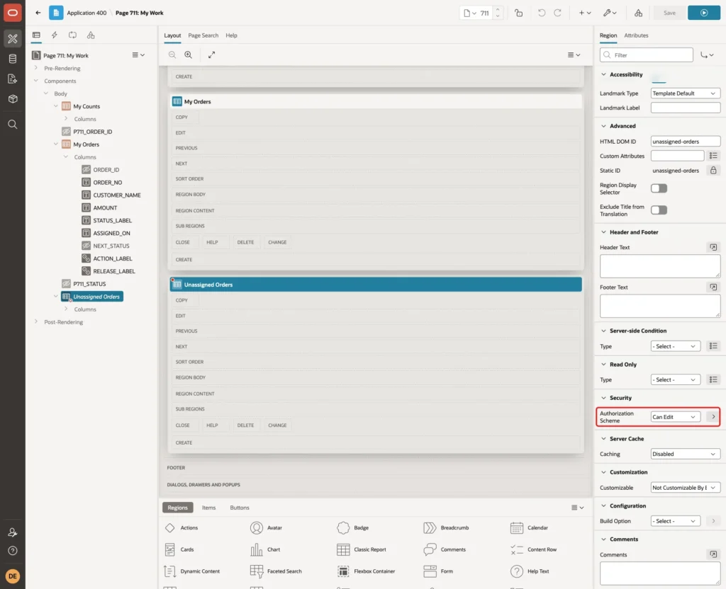 Unassigned Orders region with Authorization Scheme Can Edit marked with a red box