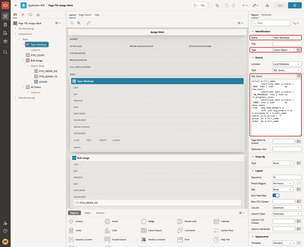 Region Team Workload with Name, Type Classic Report and the SQL Query marked with red boxes