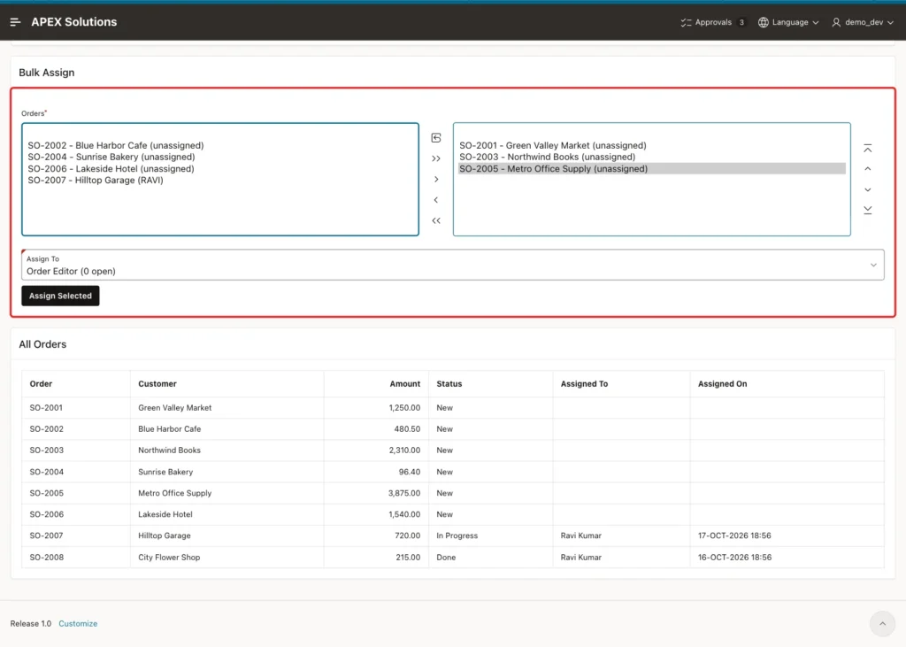 Bulk Assign region with three orders in the right shuttle list and Assign To Order Editor marked with a red box