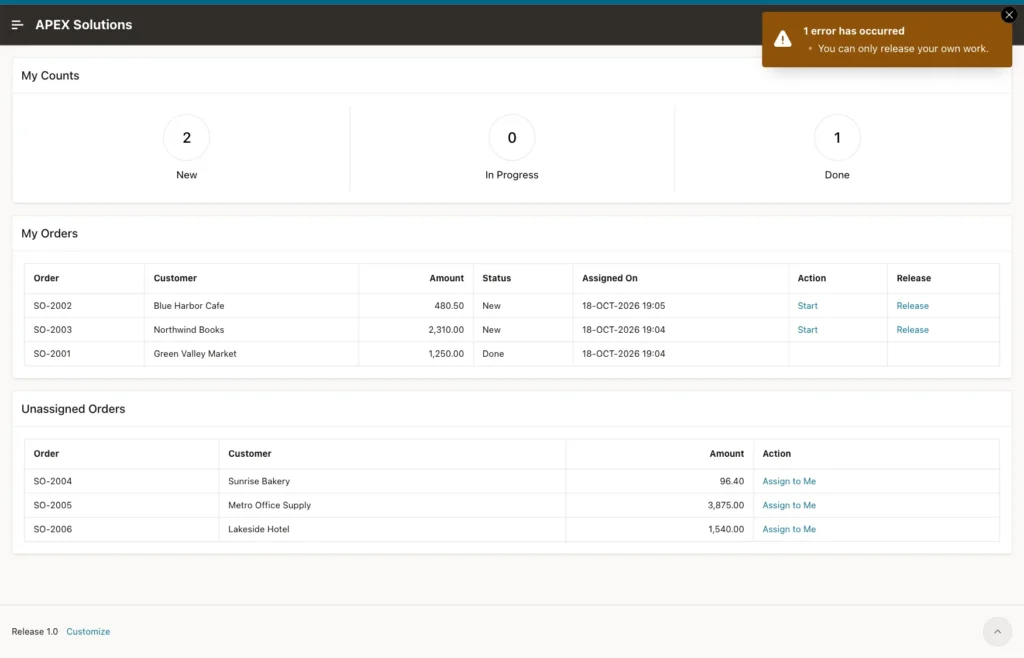 My Work page of ORDER_EDITOR with the error You can only release your own work