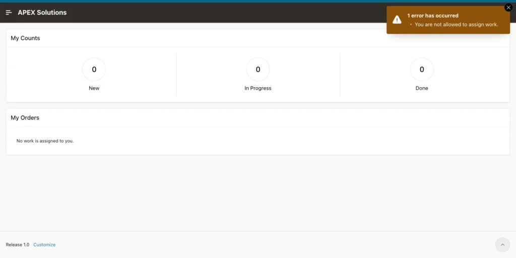 My Work page of SALES_USER with the error You are not allowed to assign work
