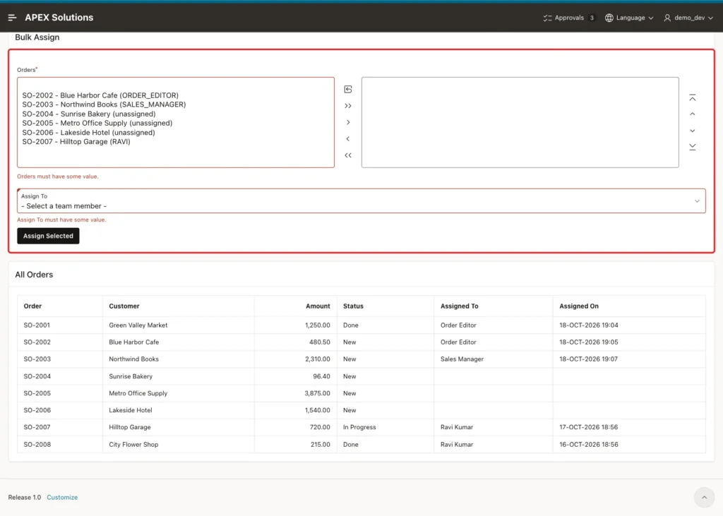 Bulk Assign region with the errors Orders must have some value and Assign To must have some value marked with a red box