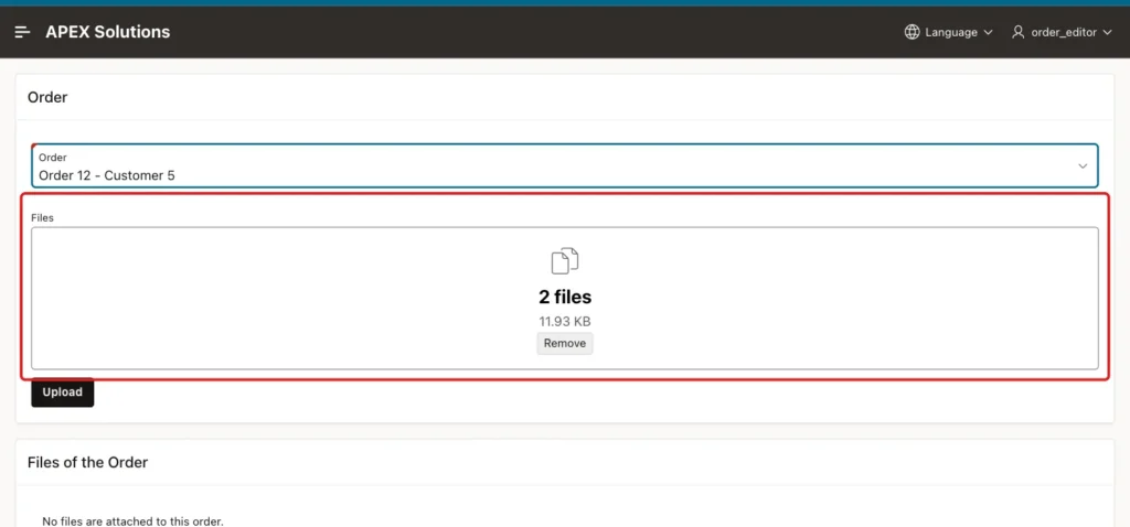 Order Attachments page with Order 12 selected and the drop zone showing 2 files, 11.93 KB, marked with a red box