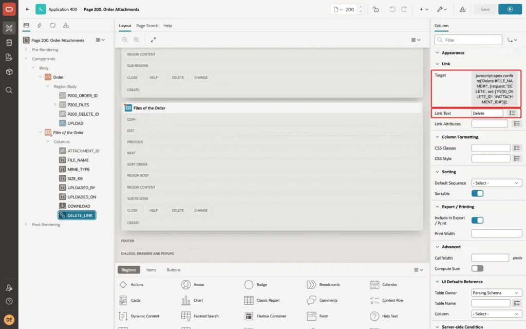 Page Designer showing the DELETE_LINK column Link Target with the apex.confirm URL and Link Text Delete marked with red boxes