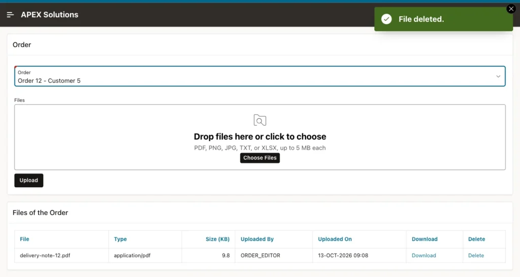 Files of the Order report with only delivery-note-12.pdf and the message File deleted.