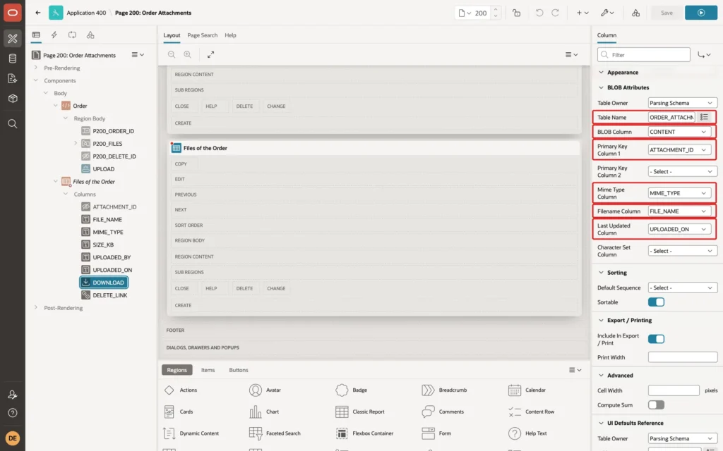 Page Designer showing the DOWNLOAD column BLOB Attributes with Table Name ORDER_ATTACHMENTS, BLOB Column CONTENT, Primary Key Column 1 ATTACHMENT_ID, Mime Type Column MIME_TYPE, Filename Column FILE_NAME and Last Updated Column UPLOADED_ON marked with red boxes