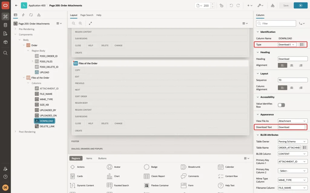 Page Designer showing the DOWNLOAD column with Type Download BLOB marked with a red box