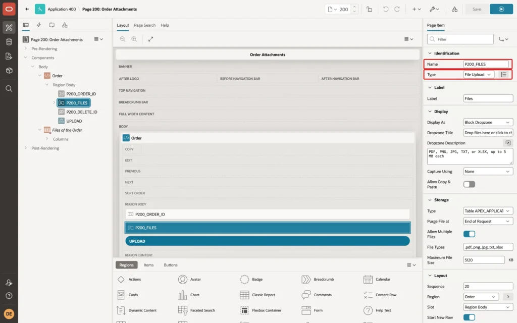 Page Designer showing the item P200_FILES with Type File Upload marked with red boxes