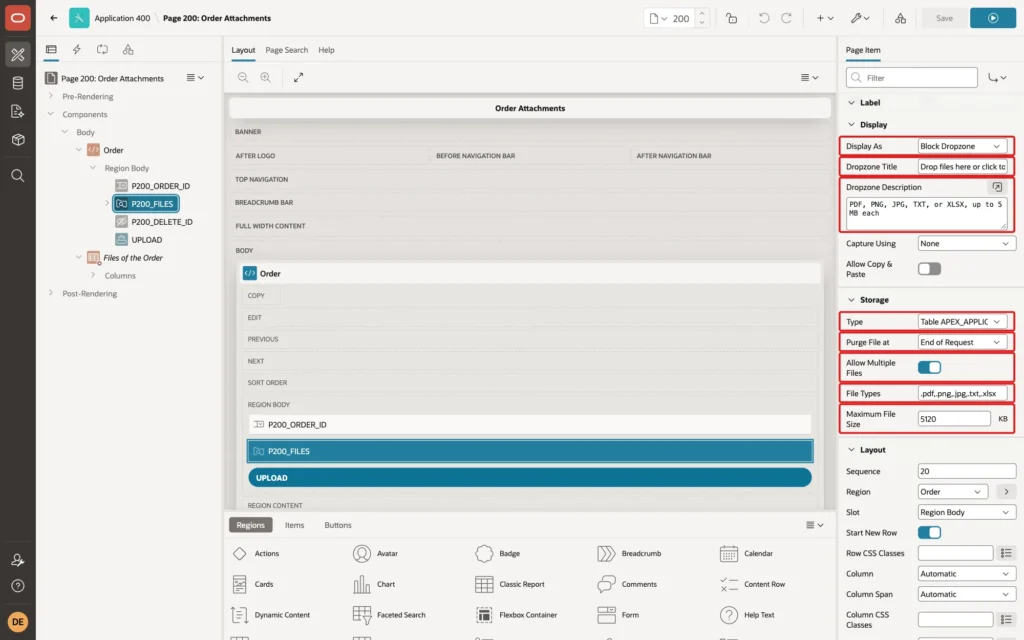 Page Designer showing P200_FILES Display As Block Dropzone, Dropzone Title and Description, Storage Type Table APEX_APPLICATION_TEMP_FILES, Purge File at End of Request, Allow Multiple Files on, File Types and Maximum File Size 5120 marked with red boxes