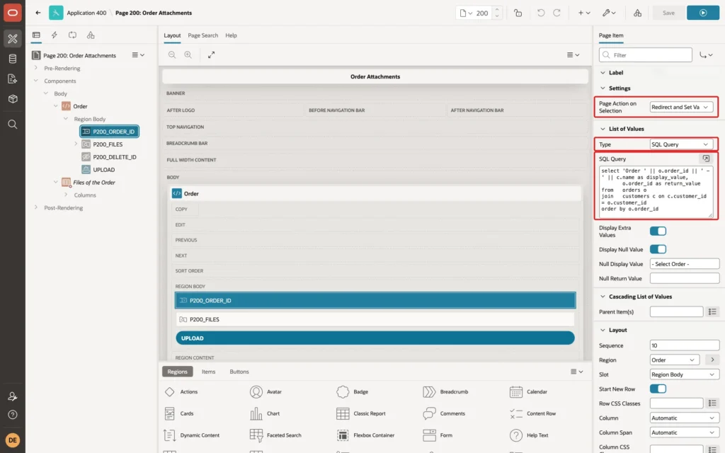 Page Designer showing P200_ORDER_ID with Page Action on Selection Redirect and Set Value, List of Values Type SQL Query and the query marked with red boxes