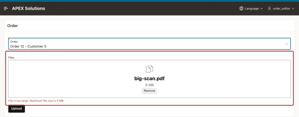Drop zone with big-scan.pdf of 6 MB and the error File is too large. Maximum file size is 5 MB. marked with a red box