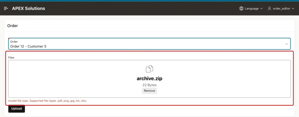 Drop zone with archive.zip and the error Invalid file type. Supported file types .pdf,.png,.jpg,.txt,.xlsx. marked with a red box