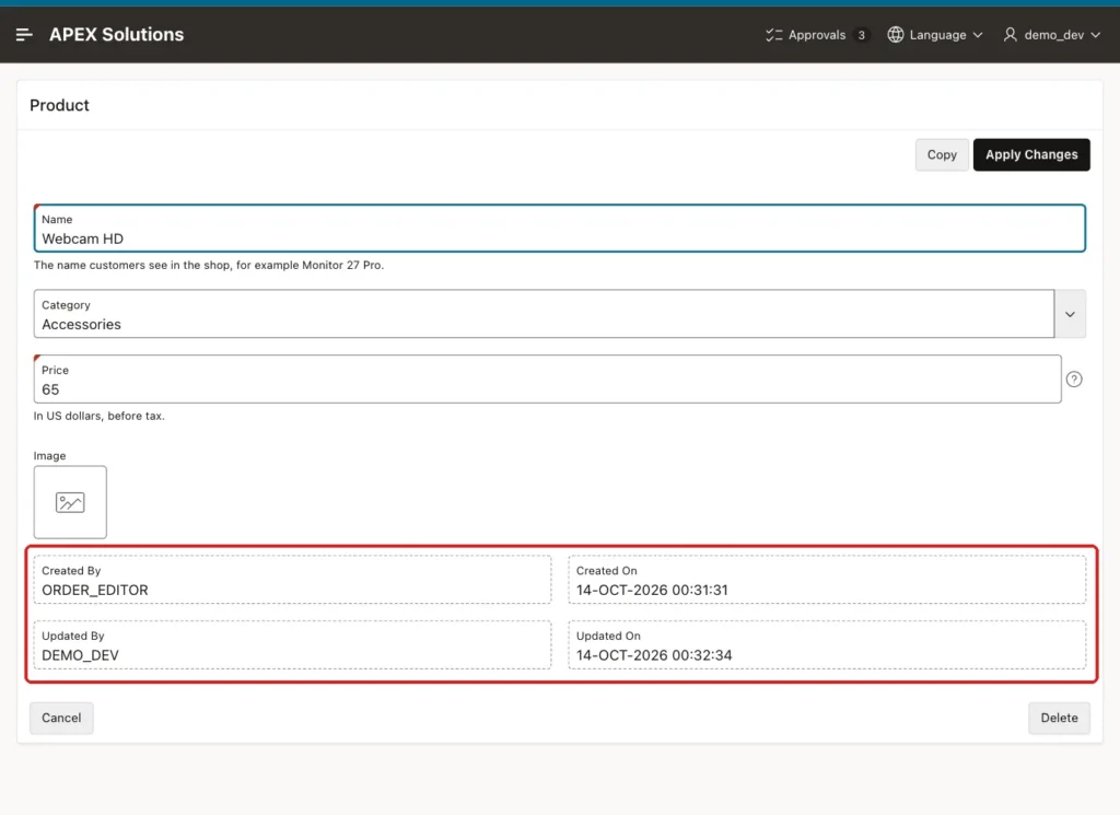 Oracle APEX Product form for Webcam HD showing Created By ORDER_EDITOR, Updated By DEMO_DEV and the two timestamps, marked with a red box