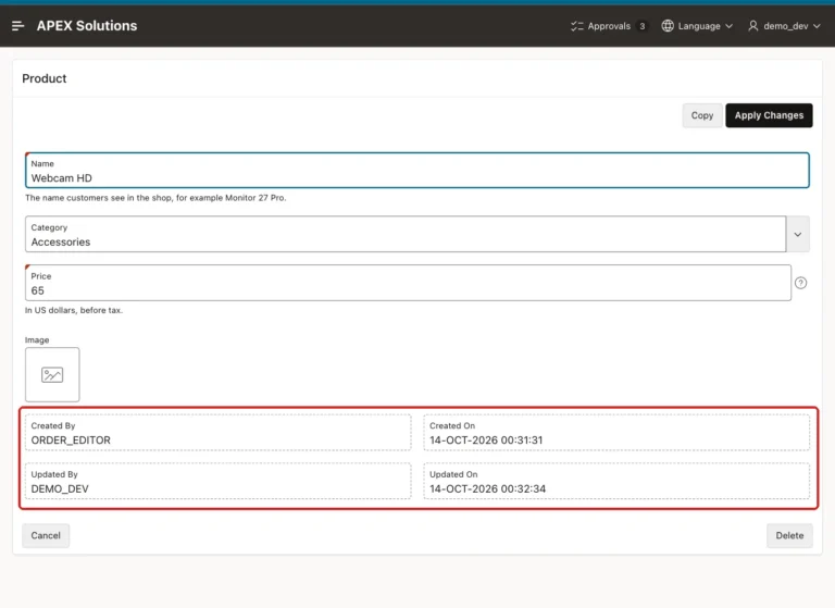 Oracle APEX Product form for Webcam HD showing Created By ORDER_EDITOR, Updated By DEMO_DEV and the two timestamps, marked with a red box