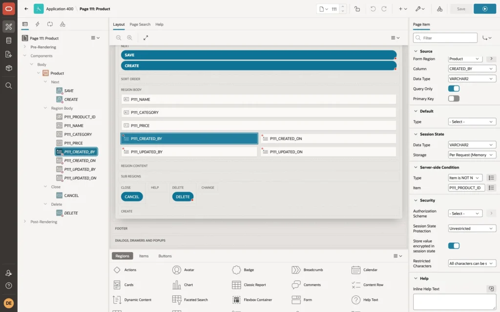 Page Designer showing P111_CREATED_BY as a Display Only item with source column CREATED_BY and Query Only on