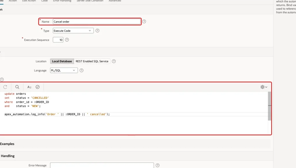 Automation Edit Action page with Name Cancel order and the PL/SQL code updating ORDERS and calling apex_automation.log_info marked with red boxes