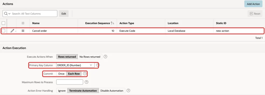 Automation edit page with the Cancel order action, Primary Key Column ORDER_ID and Commit Each Row marked with red boxes