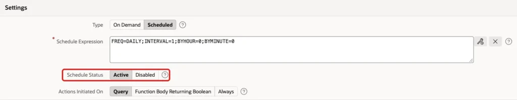Automation Settings section with Type Scheduled, the daily schedule expression and Schedule Status Active marked with a red box