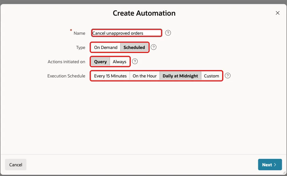Create Automation wizard with name Cancel unapproved orders, Type Scheduled, Actions initiated on Query and Execution Schedule Daily at Midnight marked with red boxes