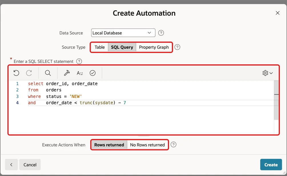 Create Automation wizard step 2 with Source Type SQL Query, the query on NEW orders older than 7 days and Execute Actions When Rows returned marked with red boxes