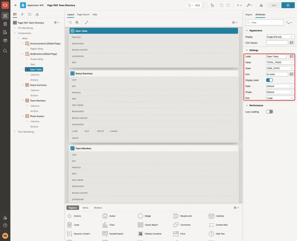 Settings group with Label, Value TOTAL_TASKS, State TASK_STATE, Icon fa-tasks, Display Label and Size marked with a red box