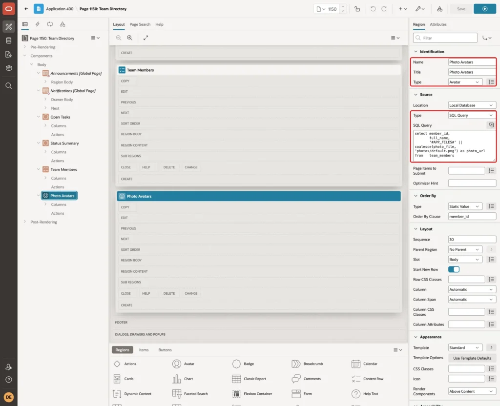 Page Designer with the Photo Avatars region, Type Avatar, and the SQL query marked with red boxes