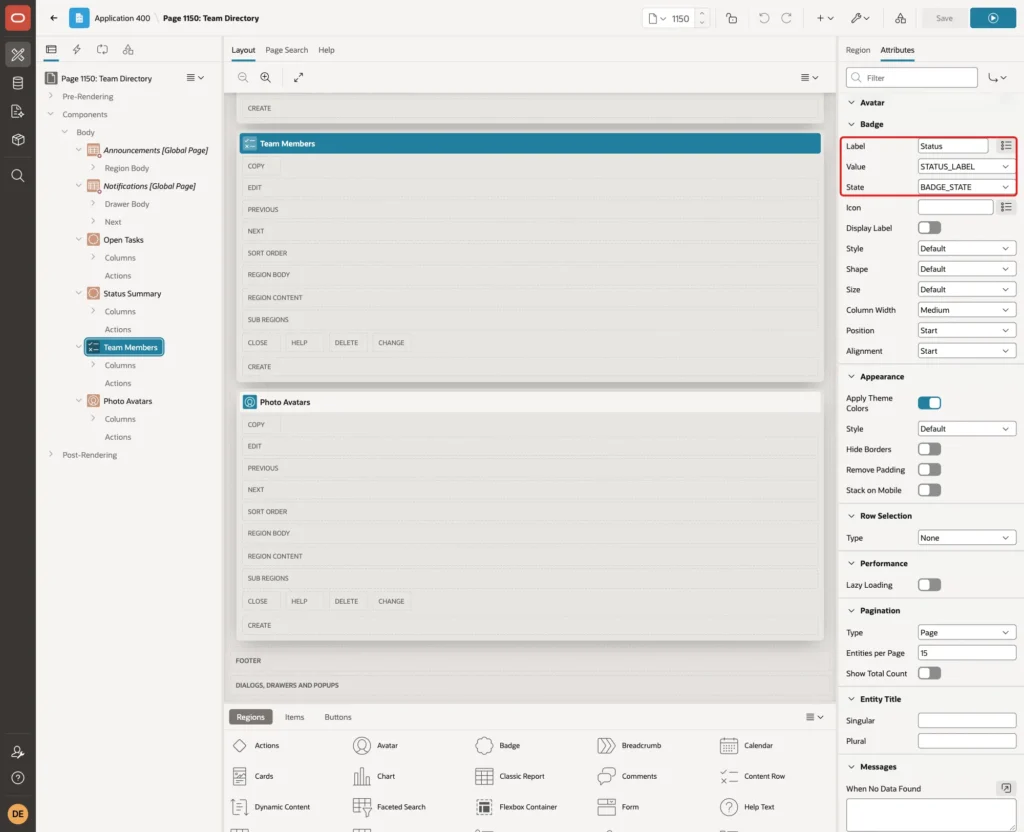 Badge group with Label Status, Value STATUS_LABEL and State BADGE_STATE marked with a red box