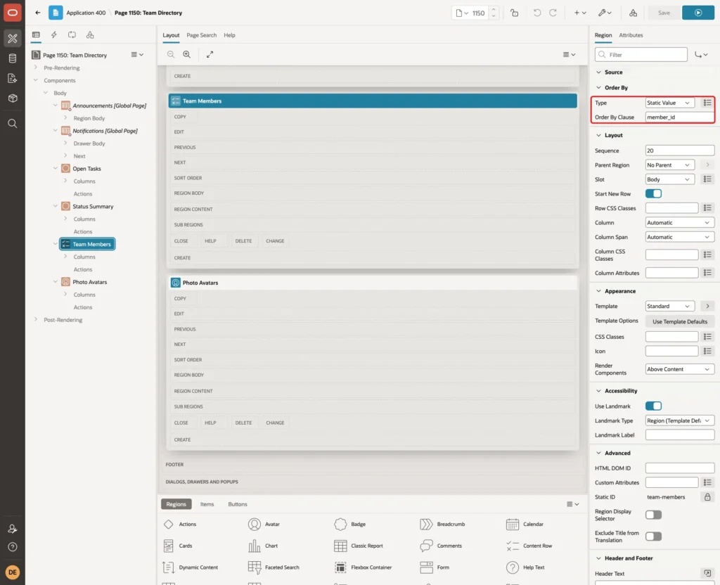 Order By group with Type Static Value and Order By Clause member_id marked with a red box